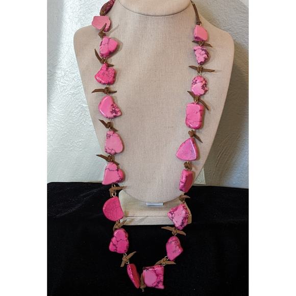 Pink Dyed Stone Necklace Strung Together w/ Rawhide Signed W - Picture 1 of 7